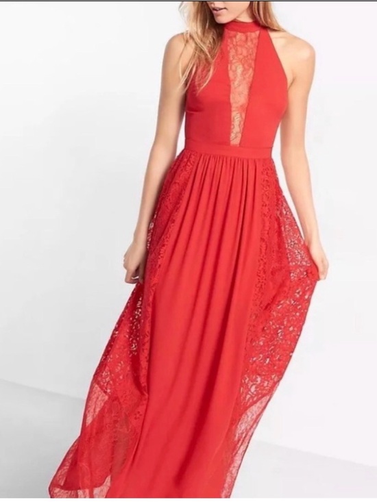 Express Dresses & Skirts - Express Red Halter Lace-Panel Maxi Dress